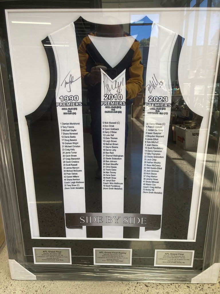 COLLINGWOOD 1990, 2010 & 2023 Premiership Jersey Signed By Tony Shaw, Dane Swan & Bobby Hill