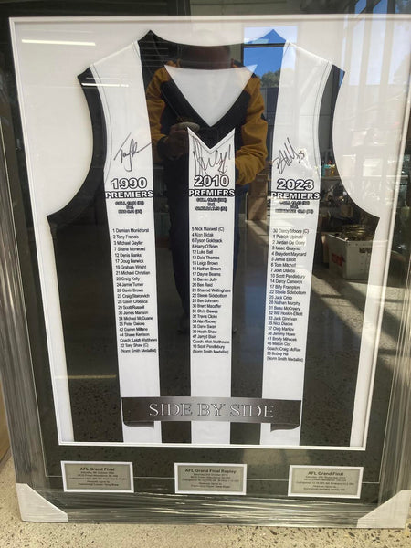 COLLINGWOOD 1990, 2010 & 2023 Premiership Jersey Signed By Tony Shaw, Dane Swan & Bobby Hill