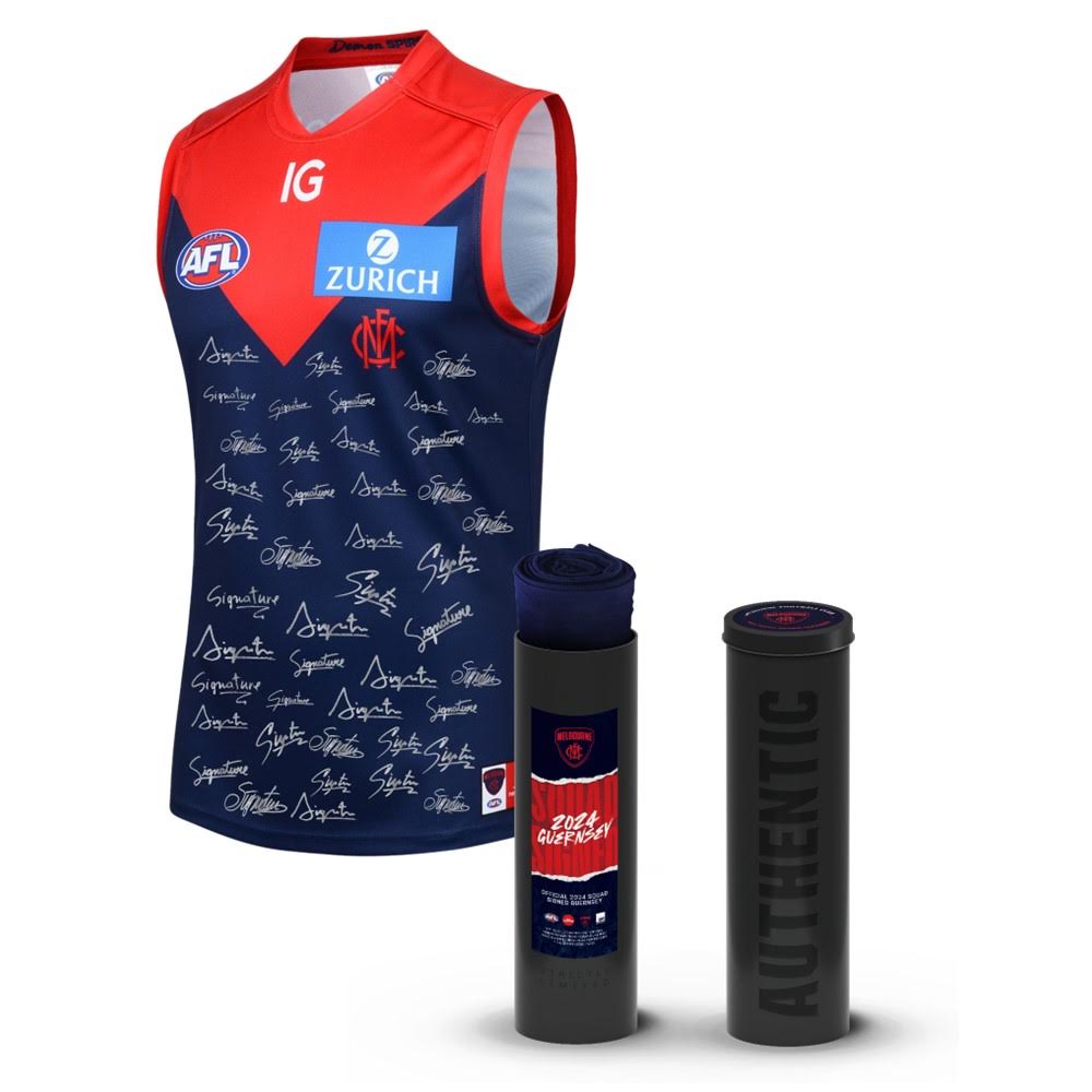 MELBOURNE-FRAMED MELBOURNE FOOTBALL CLUB 2024 SQUAD SIGNED GUERNSEY