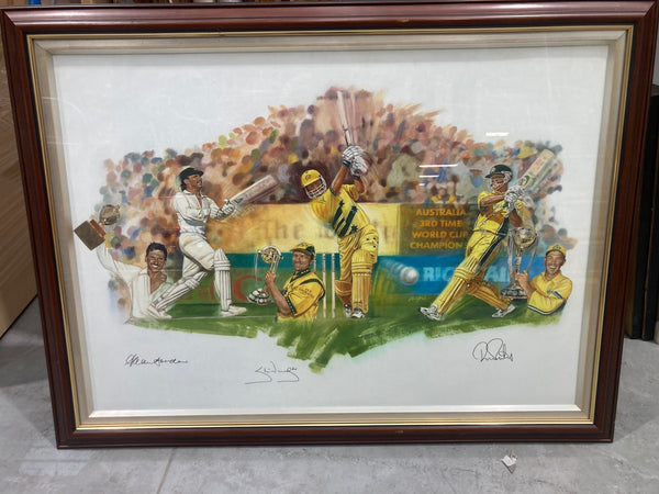 CRICKET-Original painting of Border Waugh and Ponting Signed by Brian Clinton Framed