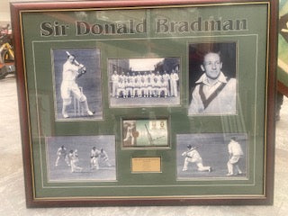 BRADMAN-Bradman collection of photos with signed envelope with Bradman coin/Framed