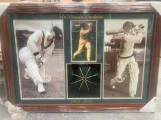 BRADMAN--Donald Bradman signed colour and 2 black & white photos + Australian cap/Framed