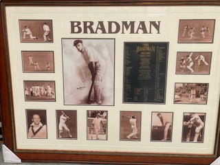 BRADMAN-Donald Bradman collage piece with Lge Sepia Photo Signed & Playing Records included