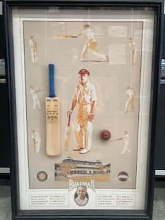 BRADMAN-Bradman print with mini bat and mini ball + playing records and images