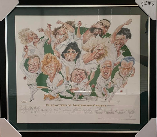 CRICKET-CHARACTERS OF AUSTRALIAN CRICKET POSTER/FRAMED/Signed by 11 Australian Test Players