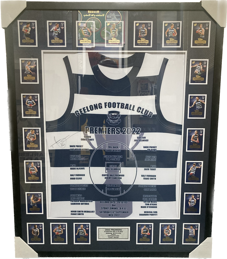 GEELONG-Tom Hawkins Signed 2022 Premiership Team Jumper With Cards
