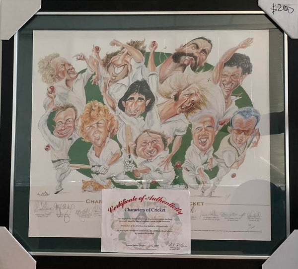 CRICKET-CHARACTERS OF AUSTRALIAN CRICKET POSTER/FRAMED/Signed by 11 Australian Test Players