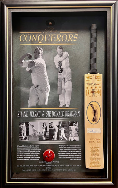 CRICKET-THE CONQUERORS Shane Warne & Sir Donald Bradman full size bat & ball- Signed & Framed