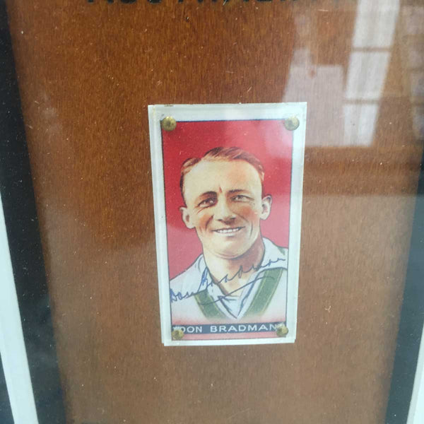 BRADMAN-Donald Bradman Signed and Framed Cigarette Card & Aged Bat