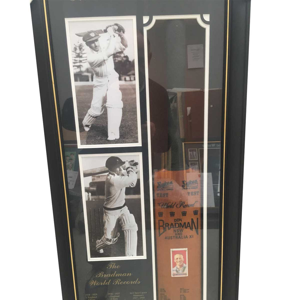 BRADMAN-Donald Bradman Signed and Framed Cigarette Card & Aged Bat