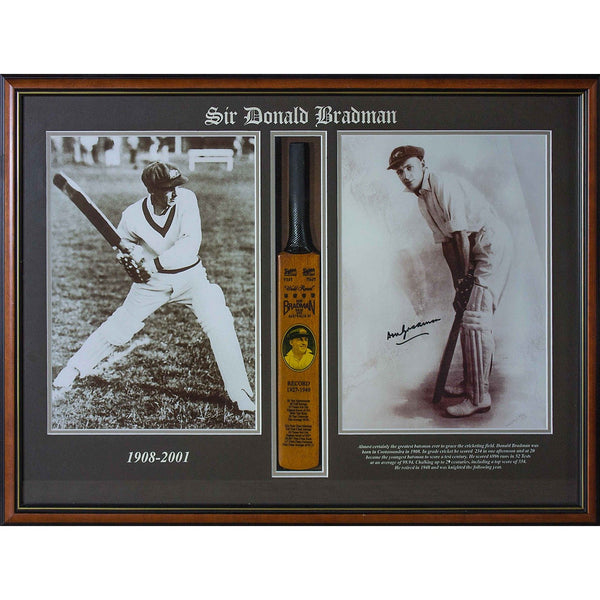 BRADMAN-Donald Bradman mini bat signed photo/Mini bat