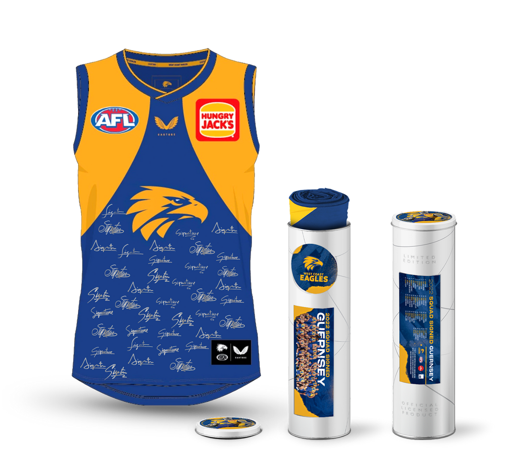 WEST COAST EAGLES 2022 SQUAD SIGNED GUERNSEY FRAMED