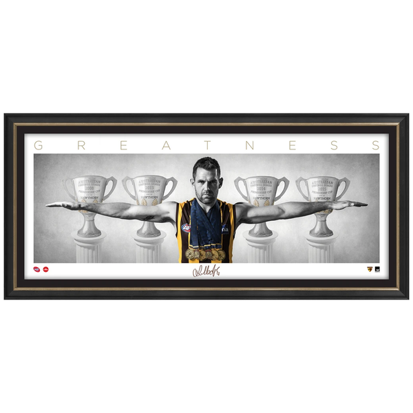 HAWTHORN- LUKE HODGE SIGNED FACIMILE AFL OFFICIAL HAWTHORN MINI WINGS "GREATNESS" PRINT FRAMED