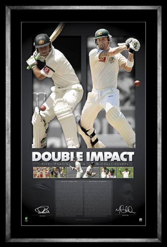 CRICKET-DOUBLE IMPACT-  Ricky Ponting and Michael Clark Signed Print Framed