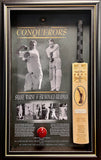 CRICKET-THE CONQUERORS Shane Warne & Sir Donald Bradman full size bat & ball- Signed & Framed