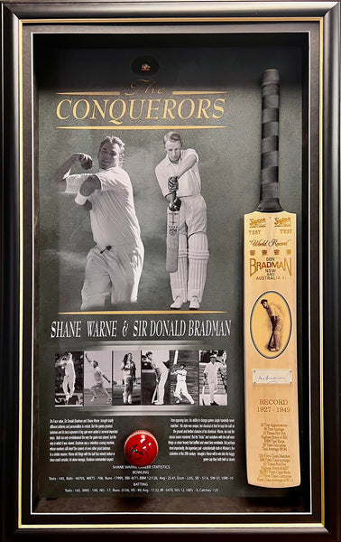 CRICKET-THE CONQUERORS Shane Warne & Sir Donald Bradman full size bat & ball- Signed & Framed