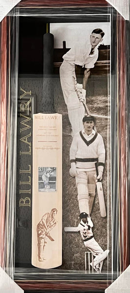 CRICKET- Bill Lawry Bat Framed Signed