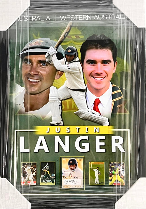 CRICKET-Justin Langer Signed Card/ Image/ Framed