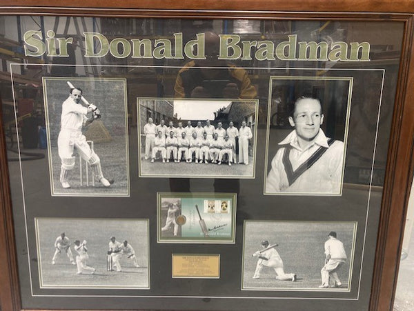 BRADMAN-Five photos of Bradman in B/W and signed envelope with plaque of playing record
