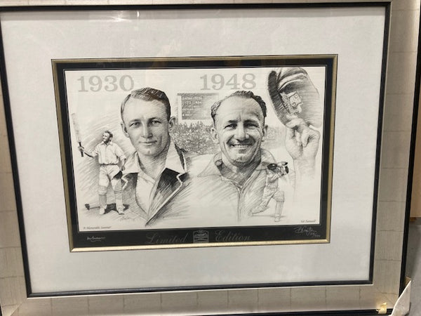 BRADMAN-Sketchers by Brian Clinton of Bradman/Signed by both. Framed