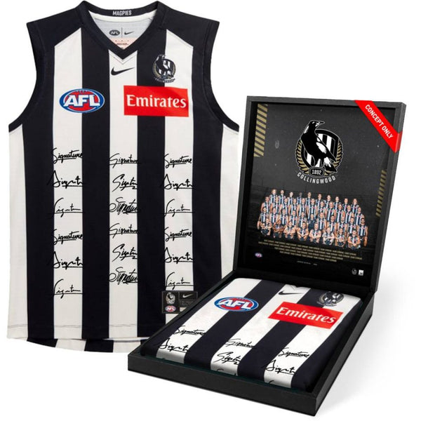 A signed Collingwood Football Club 2025 squad guernsey, officially licensed by the AFL, displayed in a deluxe presentation box with a custom-designed insert featuring the full squad photo and player list. Comes with a Certificate of Authenticity, making it a perfect collectible for fans.