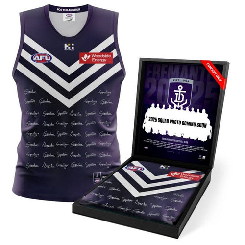 A signed Fremantle Dockers 2025 squad guernsey, officially licensed by the AFL, presented in a deluxe display box with a custom-designed insert featuring the full squad photo and player list. Includes a Certificate of Authenticity, making it an essential collectible for fans.