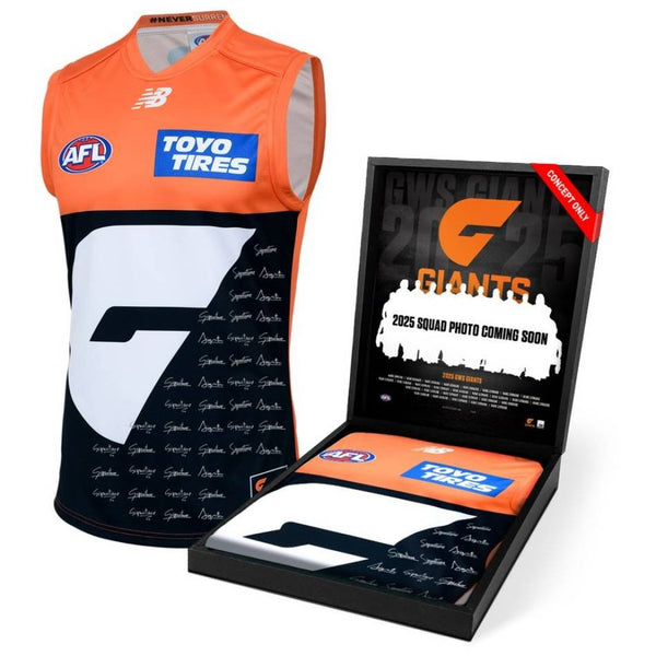 A signed GWS Giants 2025 squad guernsey, officially licensed by the AFL, presented in a deluxe display box with a custom-designed insert featuring the full squad photo and player list. Comes with a Certificate of Authenticity, perfect for collectors and fans.