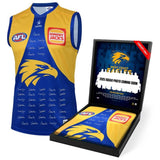 A signed West Coast Eagles 2025 squad guernsey, officially licensed by the AFL, presented in a deluxe display box with a custom-designed insert featuring the full squad photo and player list. Includes a Certificate of Authenticity, perfect for collectors and fans.