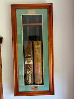 BRADMAN twin aged bats with hand paintings (records,signed,frame)
