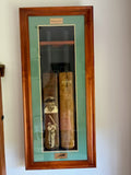 BRADMAN twin aged bats with hand paintings (records,signed,frame)
