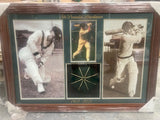 BRADMAN--Donald Bradman signed colour and 2 black & white photos + Australian cap/Framed