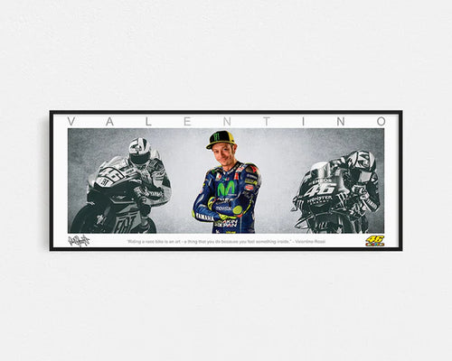 MOTOR RACING-VALENTINO ROSSI PANORAMIC COLLAGE PRINT SIGNED FRAMED WINGS