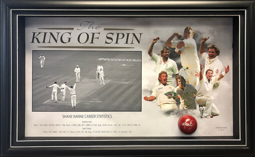 CRICKET-Shane Warne 'King Of Spin' Signed Ball Framed LE/25
